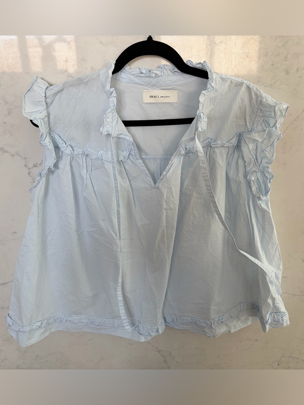 Skall Studio Light Blue Ruffle Cap-Sleeve Cotton Blouse sz 38